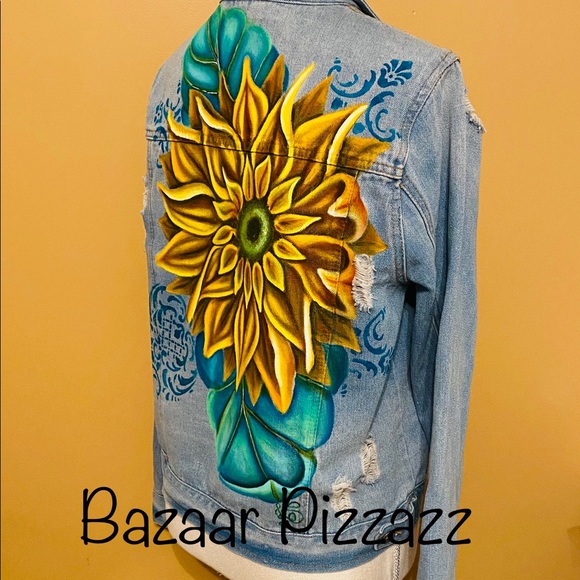 SOLD! Hand Painted Sunflower on a Denim Jacket - custom orders also available. - Picture 3 of 3